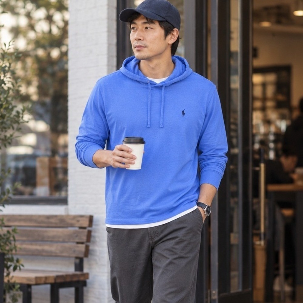 Polo Ralph Lauren Mens Blue Cotton Long Sleeve Hooded T-Shirt Jersey Hoodie L